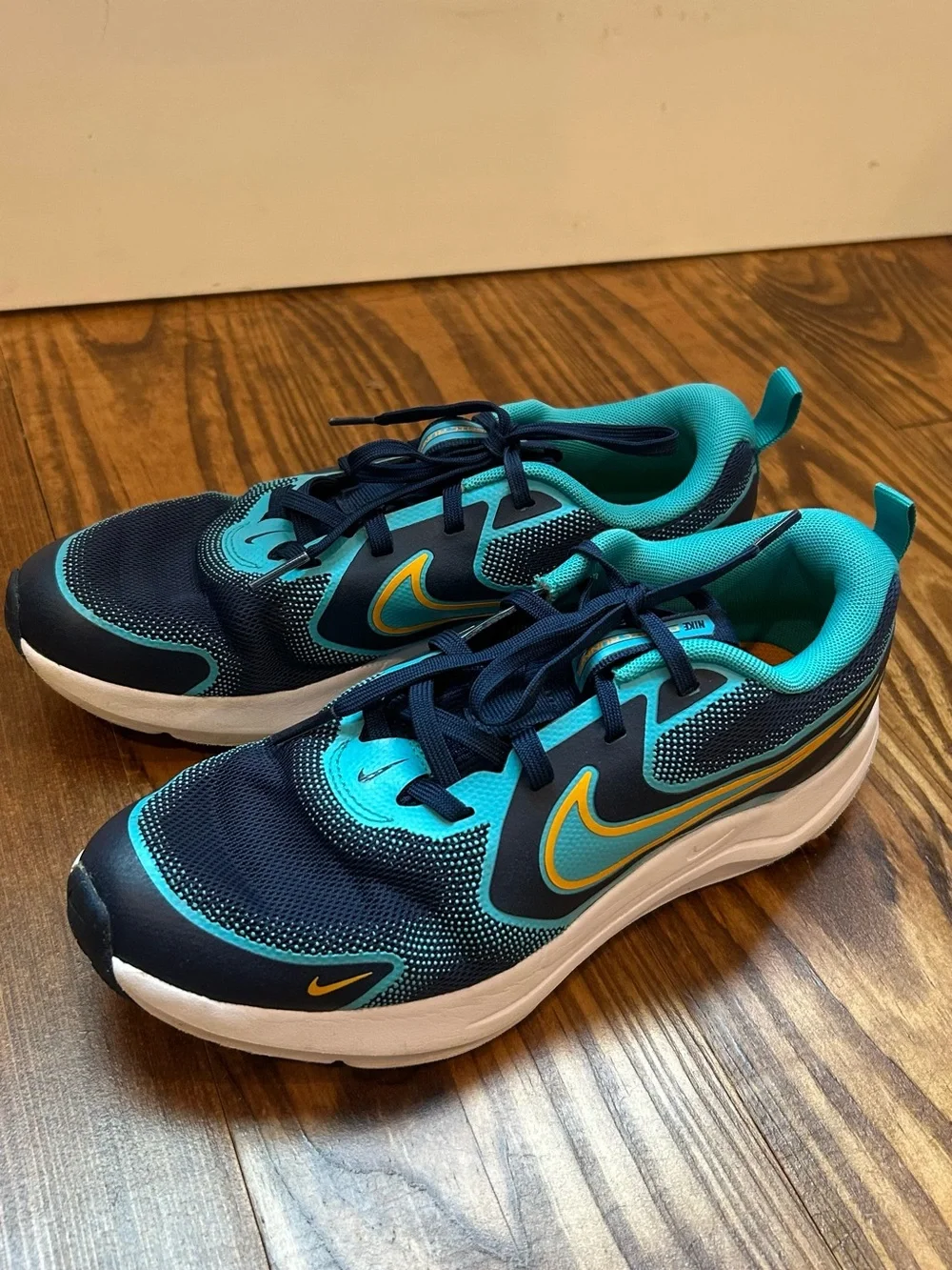 Nike Navy & Teal Athletic Sneakers with Yellow Swoosh - Picture 1 of 4